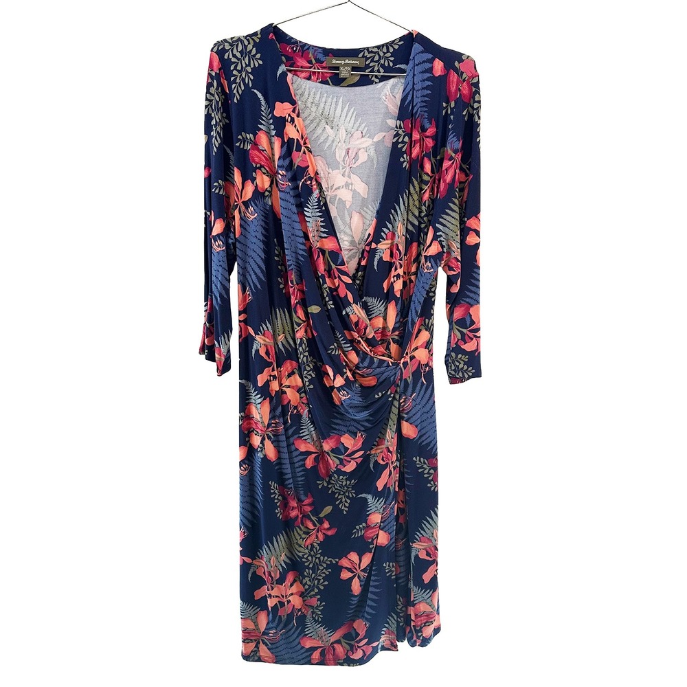 TOMMY BAHAMA Floral Faux Wrap Midi Dress • XL • blue,‎ pink, orange